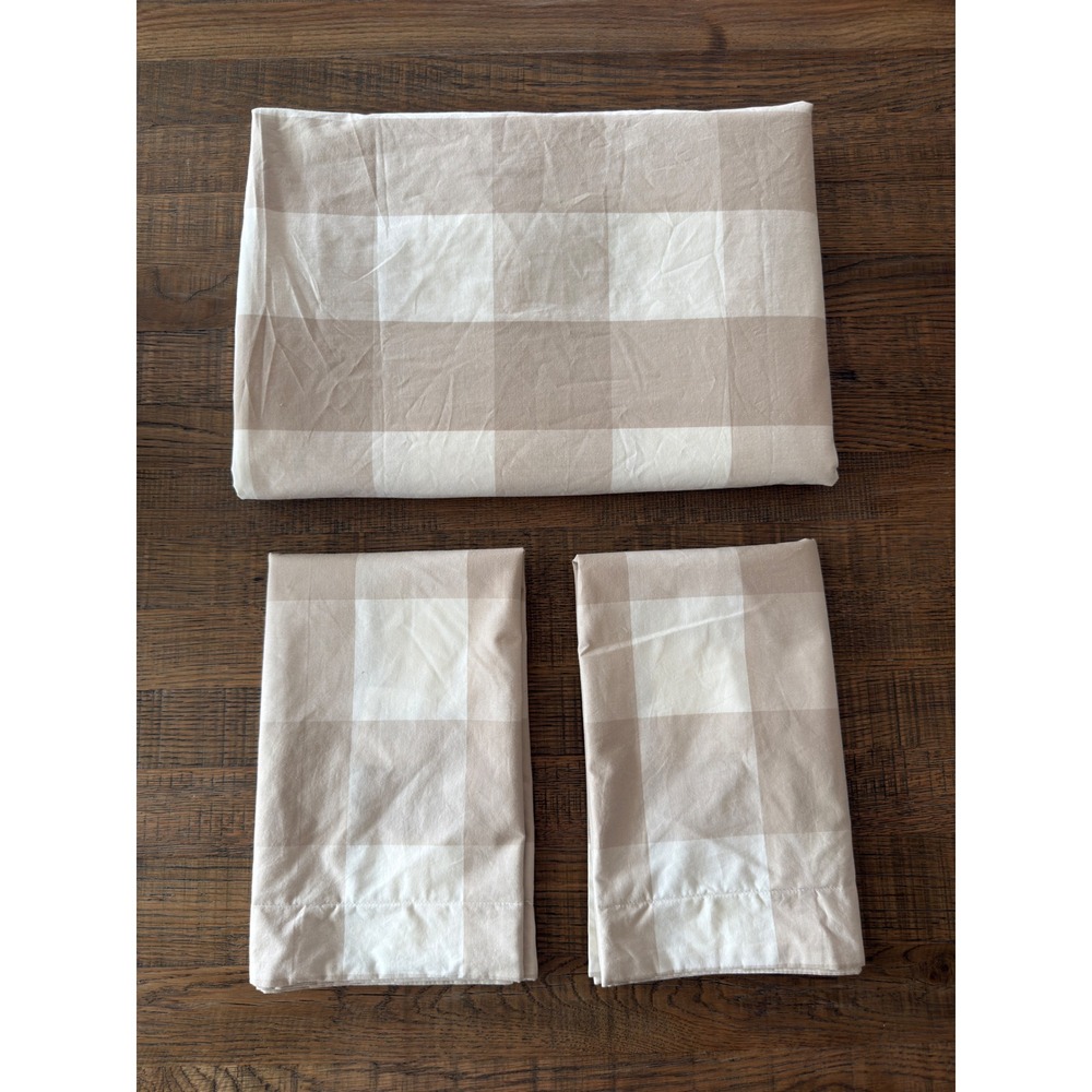Ballard Designs Gwyneth Buffalo Check Twin Duvet Cover Set Tan White 3pc Cotton